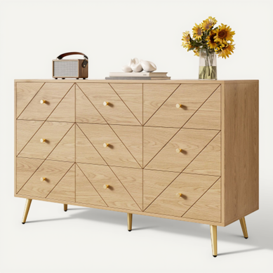 Commode à 9 Tiroirs Avec Pieds En Fer, Motifs Géométriques Et Des Boutons, Pour Chambre, Salon Commode à 9 Tiroirs Avec Pieds En Fer, Motifs Géométriques Et Des Boutons, Pour Chambre, Salon