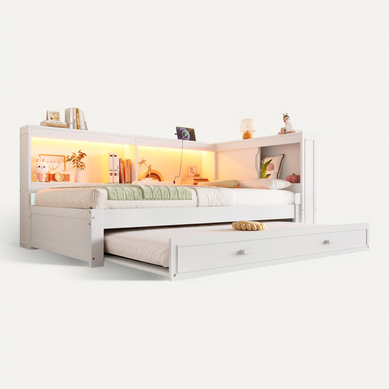 Lit 90x200cm Avec Lit Gigogne 90x190cm , Ports USB Et LED, Rangements Fermés Et Ouverts, Bois Blanc Lit 90x200cm Avec Lit Gigogne 90x190cm , Ports USB Et LED, Rangements Fermés Et Ouverts, Bois Blanc