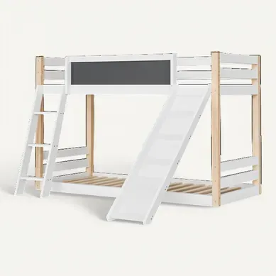 Lit Superposé Enfant 90×200cm En Bois Blanc Avec Escalier Et Toboggan, Sécurité, Tableau Noir