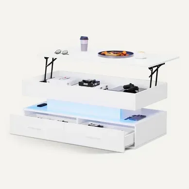 Table Basse 100*50*44cm, Table Salon, Table Rangement, Plateau Relevable, Tiroirs, LED, En Pb, Blanc Table Basse 100*50*44cm, Table Salon, Table Rangement, Plateau Relevable, Tiroirs, LED, En Pb, Blanc