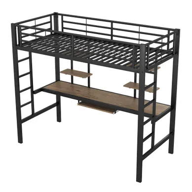 Lit Mezzanine 90x200cm, Lit Avec Table, Tablette Coulissant, étagère, 2 échelle, Barrière, Fer, Mdf