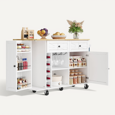Buffet De Cuisine Rétractable Moderne 120x45(70)x89, Îlot De Cuisine, Tiroirs, Mdf, Balnc, Naturel