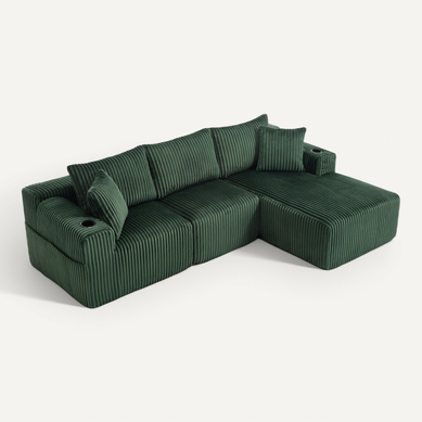 Canapé Compressé Angle 257x160x62cm, 5 Coussins Moelleux, Poches Latérale, Velours Côtelé, Vert