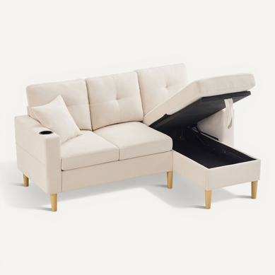 Canapé Avec Coffre 3 Places Avec 2 Coussins, Rangement, 2 Porte-gobelets, Tissu Coton-lin Beige Canapé Avec Coffre 3 Places Avec 2 Coussins, Rangement, 2 Porte-gobelets, Tissu Coton-lin Beige