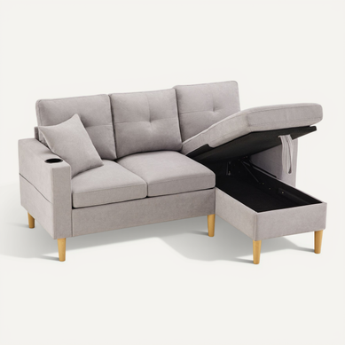 Canapé 3 Places Avec Coffre De Rangement En Coton-lin Gris Clair Avec 2 Coussins Et 2 Porte-gobelets Canapé 3 Places Avec Coffre De Rangement En Coton-lin Gris Clair Avec 2 Coussins Et 2 Porte-gobelets