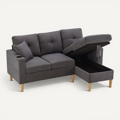 Canapé 3 Places Avec Coffre En Coton-lin Gris Foncé Avec 2 Coussins Et Rangement Et 2 Porte-gobelets Canapé 3 Places Avec Coffre En Coton-lin Gris Foncé Avec 2 Coussins Et Rangement Et 2 Porte-gobelets