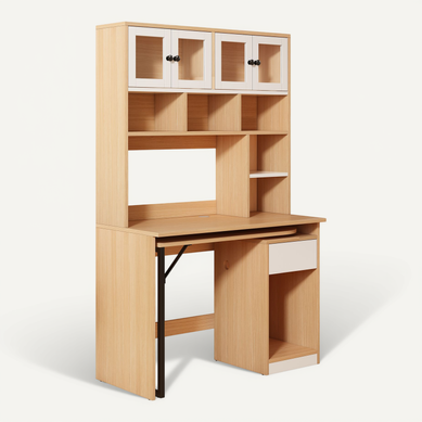 Bureau D'angle 110*55*180cm, 4 Portes, Tiroir, 6 Niche, Plateau Pivotant, Mdf, Couleur Bois Et Blanc Bureau D'angle 110*55*180cm, 4 Portes, Tiroir, 6 Niche, Plateau Pivotant, Mdf, Couleur Bois Et Blanc