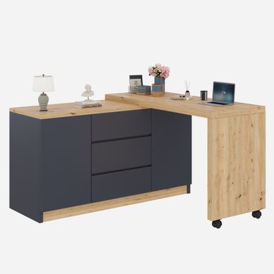 Bureau Pliant Et Pivotant 360° Avec Tiroirs Et Rangement, Gris Et Chêne 120x50x76,5 Cm Bureau Pliant Et Pivotant 360° Avec Tiroirs Et Rangement, Gris Et Chêne 120x50x76,5 Cm