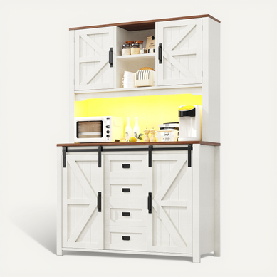 Buffet De Cuisine 115x24x174,7cm, Rangement, 4 Portes, 2 Tiroirs, LED, Mdf+métal, Blanc+bois