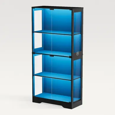 Vitrine LED En Verre Noire Haut.165 Cm, Capteur De Mouvement, 4 Portes Vitrées, 4 Étagères Vitrine LED En Verre Noire Haut.165 Cm, Capteur De Mouvement, 4 Portes Vitrées, 4 Étagères