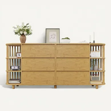 Commode 160x40x75cm, 6 Tiroirs, Compartiments Ouverts, Avec Colonnes Et Étagères En Bambou, Chêne Commode 160x40x75cm, 6 Tiroirs, Compartiments Ouverts, Avec Colonnes Et Étagères En Bambou, Chêne