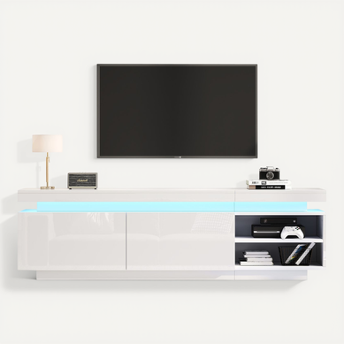 Meuble TV LED Moderne 170x35x50cm, Adapté Aux Téléviseurs De 70 Pouces, 2 Portes, Blanc Brillant