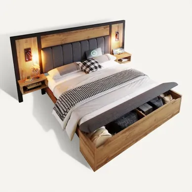 Lit Adulte 160x200 Cm, Lit Avec Lampe Et USB C, Table De Chevet Et Banc, En MDF Et Lin, Chêne Lit Adulte 160x200 Cm, Lit Avec Lampe Et USB C, Table De Chevet Et Banc, En MDF Et Lin, Chêne