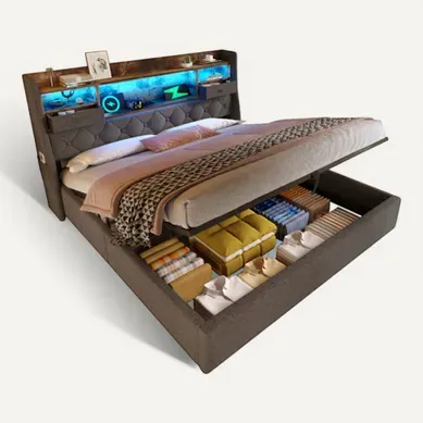 Lit Coffre 160x200 Cm, Lit Avec Tête De Lit LED, 4 Stations De Charge USB Et Type-c, En Lin Gris Lit Coffre 160x200 Cm, Lit Avec Tête De Lit LED, 4 Stations De Charge USB Et Type-c, En Lin Gris