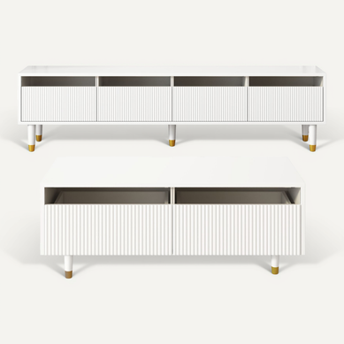 Ensemble Meuble TV 4 Portes Et Table Basse 2 Tiroirs Blanc Doré Avec LED Et Façades Acryliques