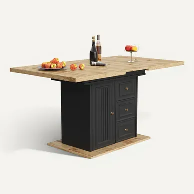 Table À Manger 110x80x75cm, Table Extensible Rectangle, Rangement, Moderne, Mdf+métal, Noir+bois