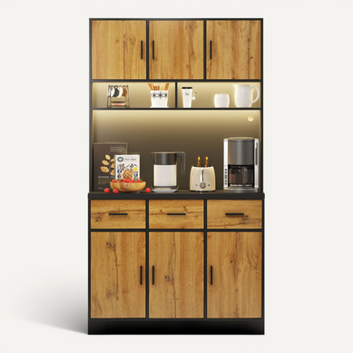 Buffet De Cuisine Haut.180cm Noir Et Naturel Avec LED Et Prises Intégrées, 3 Tiroirs Et 6 Portes Buffet De Cuisine Haut.180cm Noir Et Naturel Avec LED Et Prises Intégrées, 3 Tiroirs Et 6 Portes