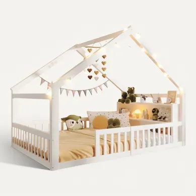 Lit Cabane 140x190 Cm, Lit Enfant Avec Barrières De Sécurité, Sommier à Lattes, Blanc Lit Cabane 140x190 Cm, Lit Enfant Avec Barrières De Sécurité, Sommier à Lattes, Blanc