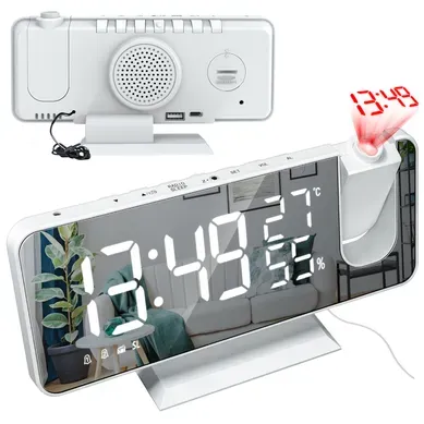 Radio Réveil Projecteur Avec Grand écran LED – Affichage Température Et Humidité – Texte Blanc