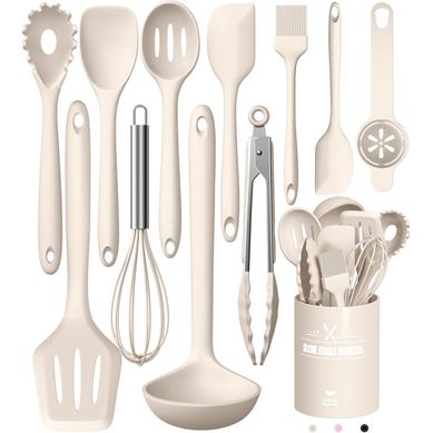 Lot De 12 Ustensiles De Cuisine En Silicone, Avec Version Baril, Résistants à La Chaleur, Beige