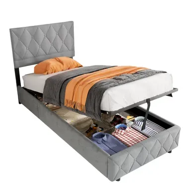 Lit Enfant Lit Coffre 90x190 Cm Lit Simple Avec Sommier à Lattes, Velours, Gris