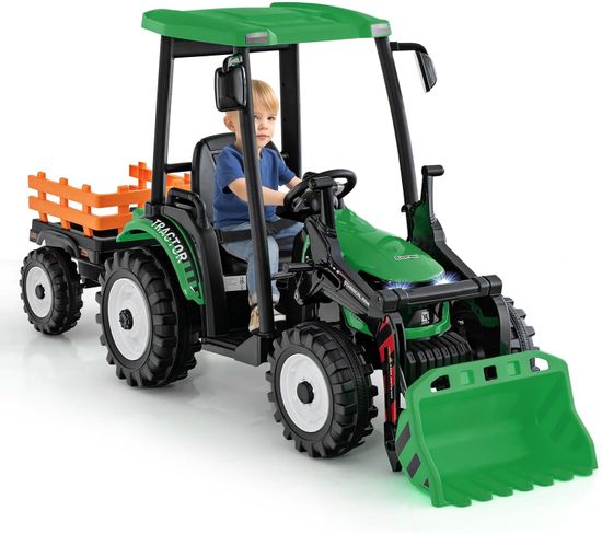12v Tracteur Électrique Enfants Avec Pelle et Remorque Amovible,  3-6 Km/h Pour Enfants De 3-8 Ans