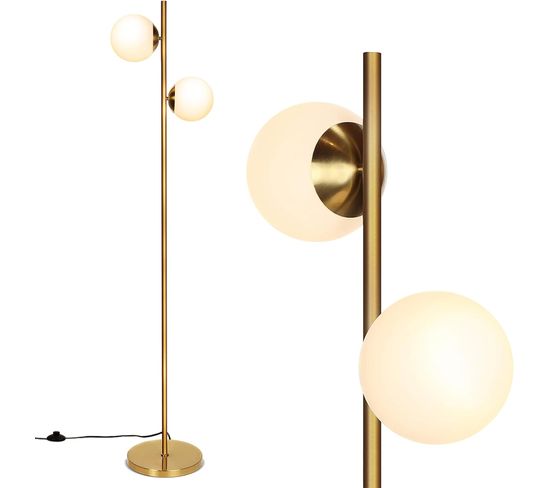 Lampadaire à 2 Globes En Verre Dépoli,  2 Ampoules à LED De 6w, Pour Salon, Chambre, Bureau, Or