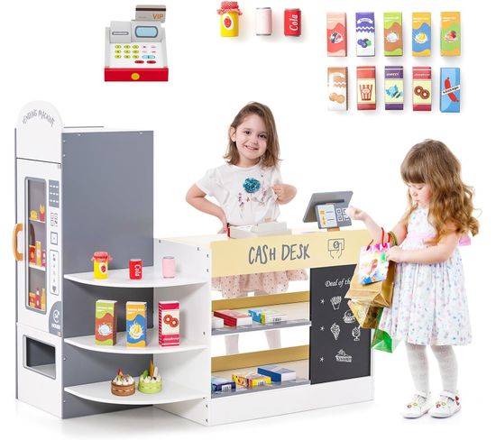 Épicerie Enfants En Bois Avec 15 Accessoires et Distributeur Automatique, Jeu D’imitation (blanc)