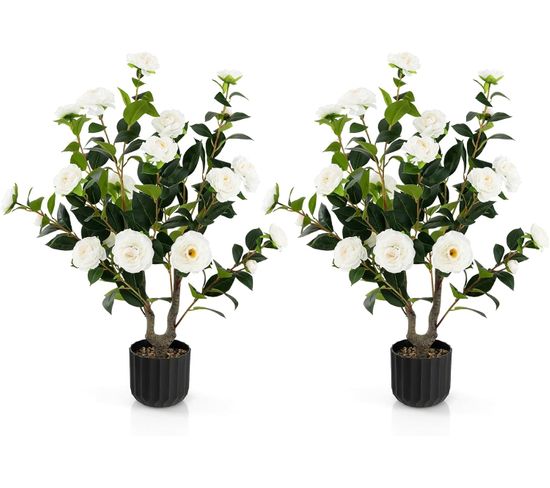 Plante Artificielle à Fausses Fleurs, Fausse Plante Camélia Artificiel Dans Un Pot Remplies(blanc)