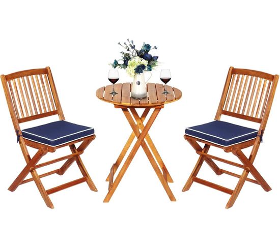 Ensemble De Table Et Chaises En Bois D’acacia, Comprenant 1 Table Et 2 Chaises(bleu+naturel)