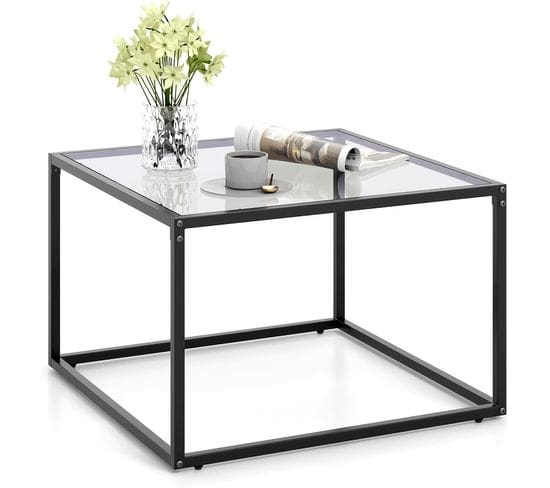 Table Basse Carrée, Table Basse Verre Trempé, Cadre En Métal Noir, 70 X 70 X 45 Cm (gris)