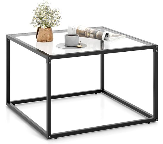 Table Basse Carrée, Table Basse Verre Trempé, Cadre En Métal Noir, 70 X 70 X 45 Cm (transparent)