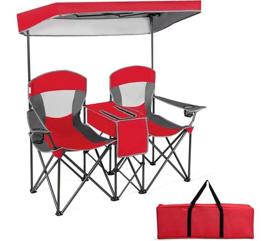 Chaise De Camping Pliante 2 Places Avec Parasol Amovible Et Réglable, Charge 120kg Chaque Siège