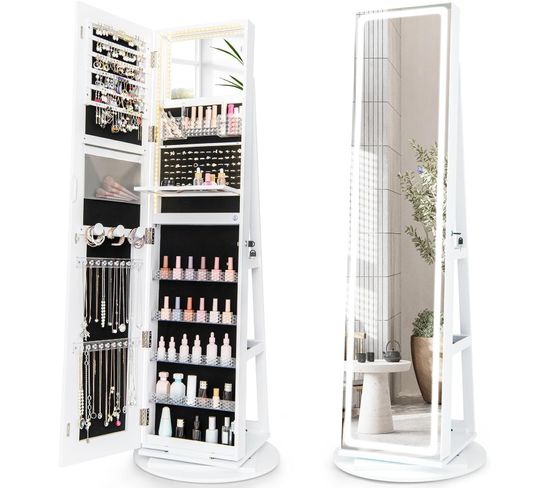 Armoire à Bijoux Avec Miroir Sur Pieds, Pivotant 360°,grand Miroir Psyché Sans Cadre Avec LED,blanc
