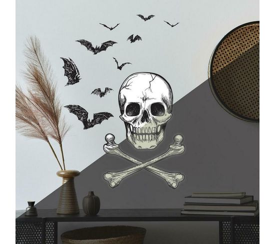 Stickers Repositionnables Halloween Tête De Mort Et Chauve Souris