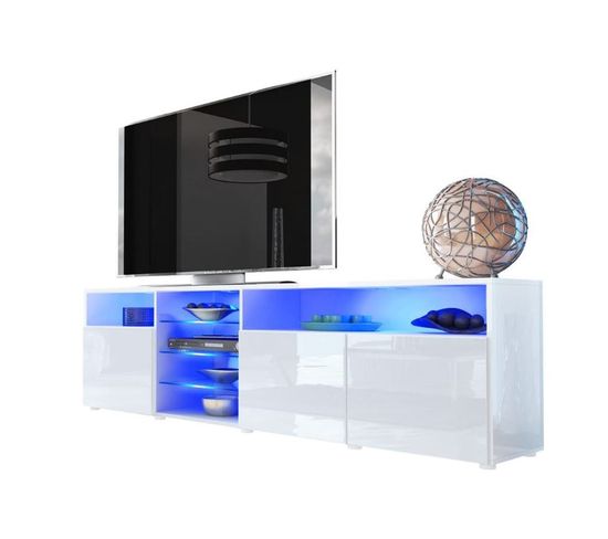 Meuble TV Massimo 200 Cm Blanc Mat Et Portes Blanc Laquées LED Rgb