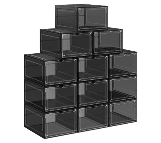 Boîtes à Chaussures, Lot De 12, Organisateurs Avec Porte, 27 X 34,5 X 19 Cm, Noir