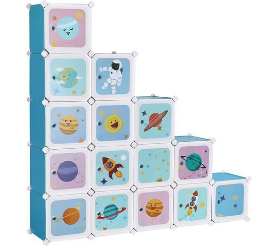 Meuble De Rangement Enfant 15 Cubes, Armoire Modulable Avec Portes, 153 X 31 X 153 Cm, Bleu