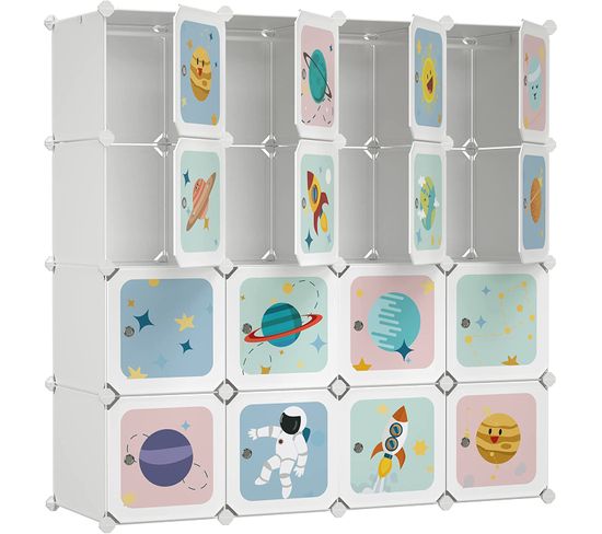 Armoire Modulable, Organisateur Vêtements Enfant Avec 16 Cubes, 123 X 41 X 123 Cm, Blanc