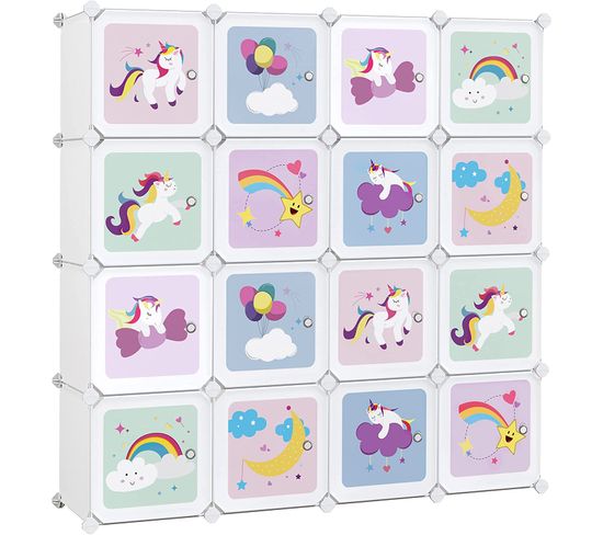 Meuble Rangement Enfant 16 Cubes, Armoire Modulable Avec Portes, 123 X 31 X 123 Cm, Blanc