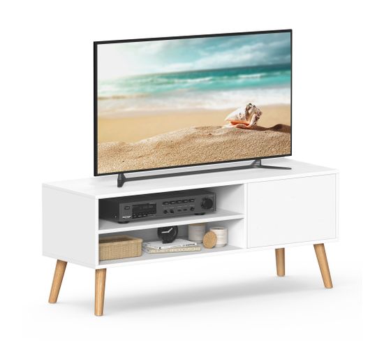 Meuble TV, Pour Télévision Jusqu'à 55 Pouces, Longueur 120 Cm, Style Rustique, Blanc