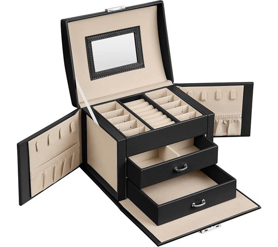 Boîte À Bijoux, Avec 2 Tiroirs, Miroir, Serrure Et Clés, 17,5 X 13,5 X 12 Cm, Noir
