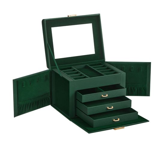 Boîte à Bijoux 4 Niveaux, Coffre De Rangement, Avec Poignées, 3 Tiroirs, Miroir, Serrure, Vert Rétro