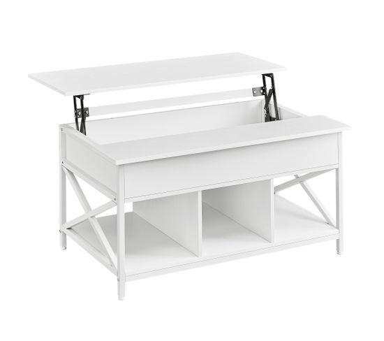 Table Basse, Table De Salon Avec Plateau Relevable, 60 X 100 X (48-62) Cm, Blanc Neige Et Blanc