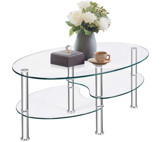Table Basse En Verre Table De Salon Avec 3 Etagères En Verre Trempé 90x50x45cm