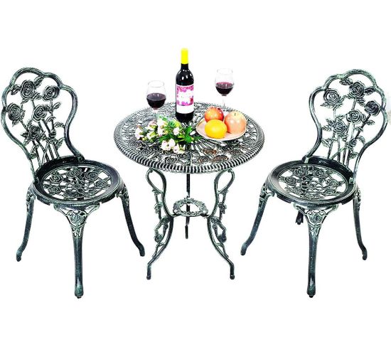 Ensemble Table Et 2 Chaises Pour Jardin En Fonte Aluminium Forme De Rose Style Antique