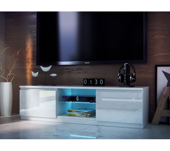 Meuble TV Kiffa LED 140 Cm En 18 Mm Avec Portes Laquées - Meuble TV BUT