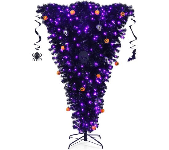 Sapin De Noël Artificiel Noir 180 Cm Inversé Arbre D'halloween Avec 270 Lumières LED Violettes Décor