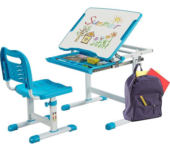 Bureau Enfant À Hauteur Réglable Inclinable 0-45°, Ensemble Table Et Chaise Avec Plateau, 1 Tiroir