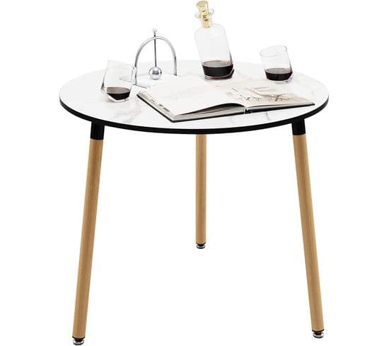 Table à manger ronde plateau en bois φ80cm avec motif marbre artificiel 3 pieds en acier antirouille